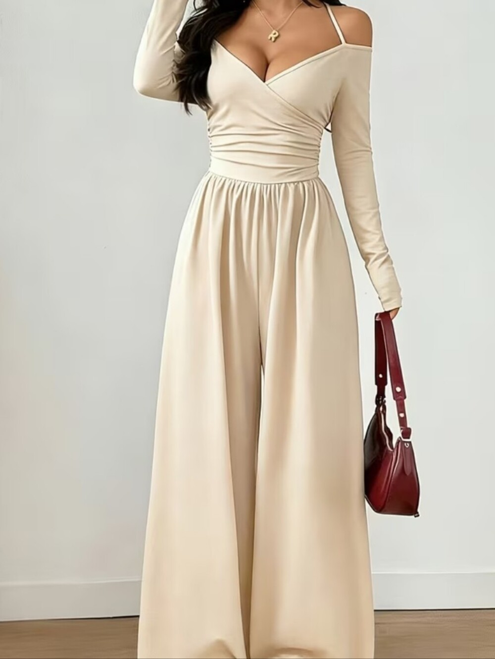 Elegant Cream Wide-Leg Jumpsuit with Off-Shoulder Detail